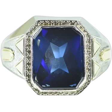 10K Art Deco Engraved Syn. Sapphire Ring Size 9 Wh