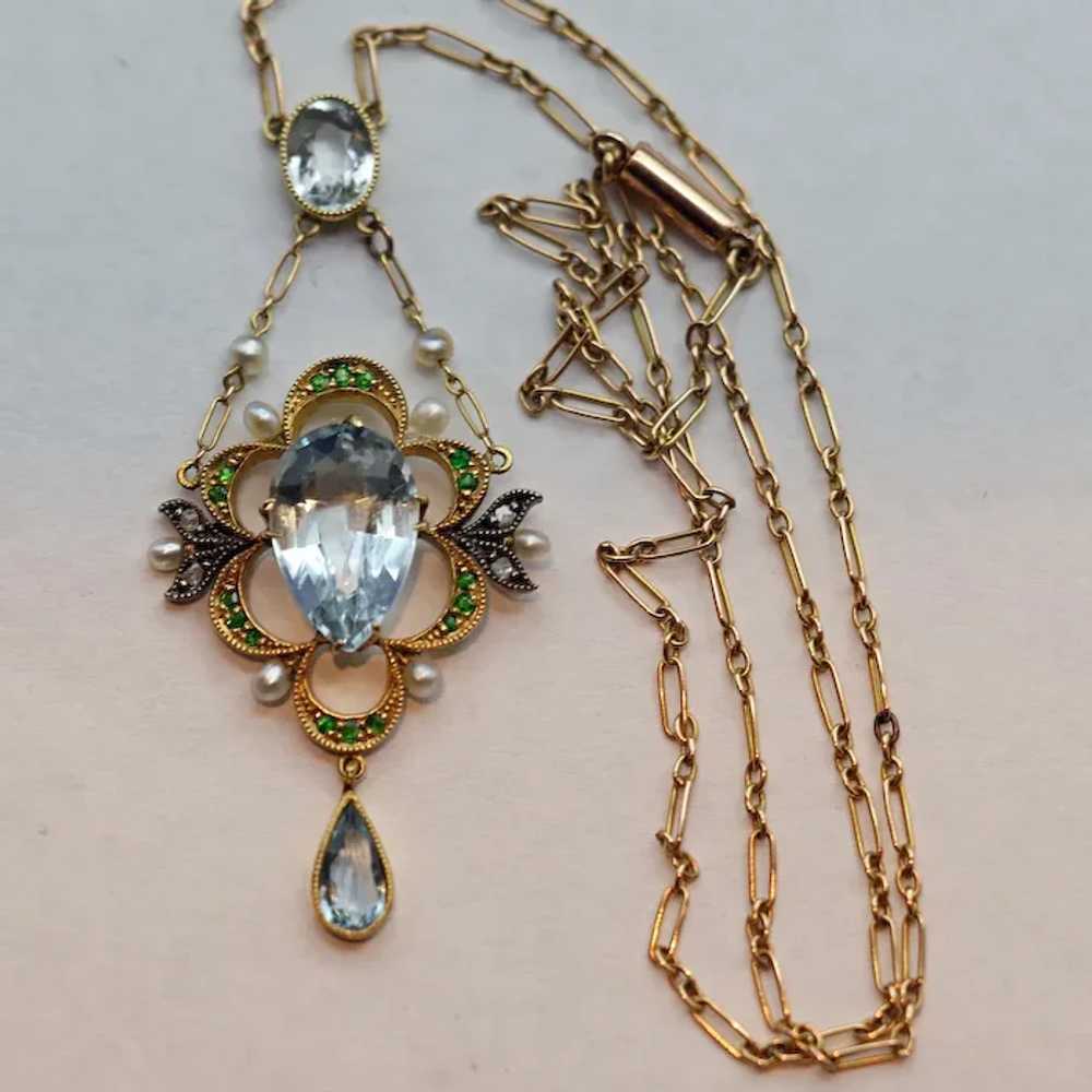 Antique Edwardian Pendant Necklace gold aquamarin… - image 3