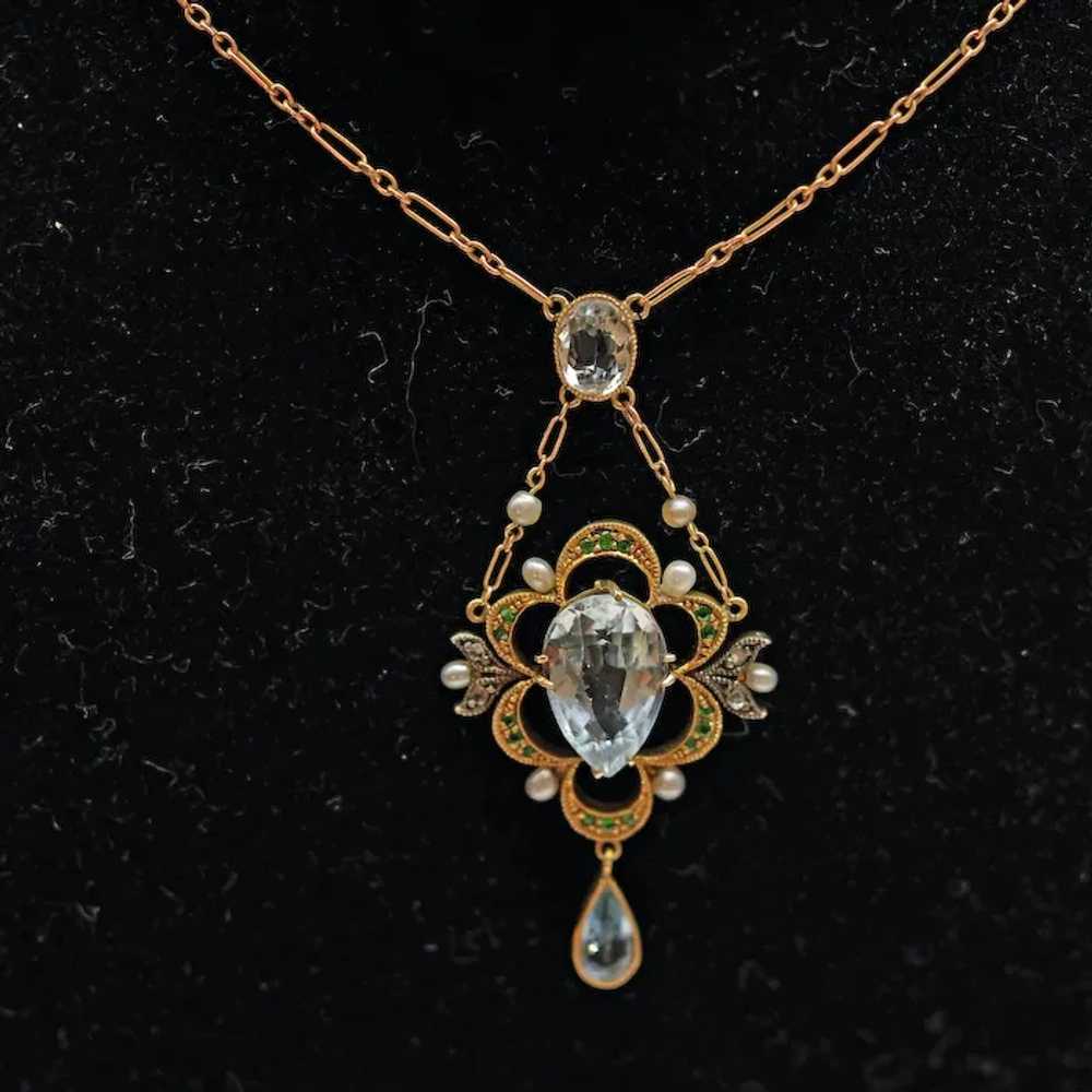 Antique Edwardian Pendant Necklace gold aquamarin… - image 9