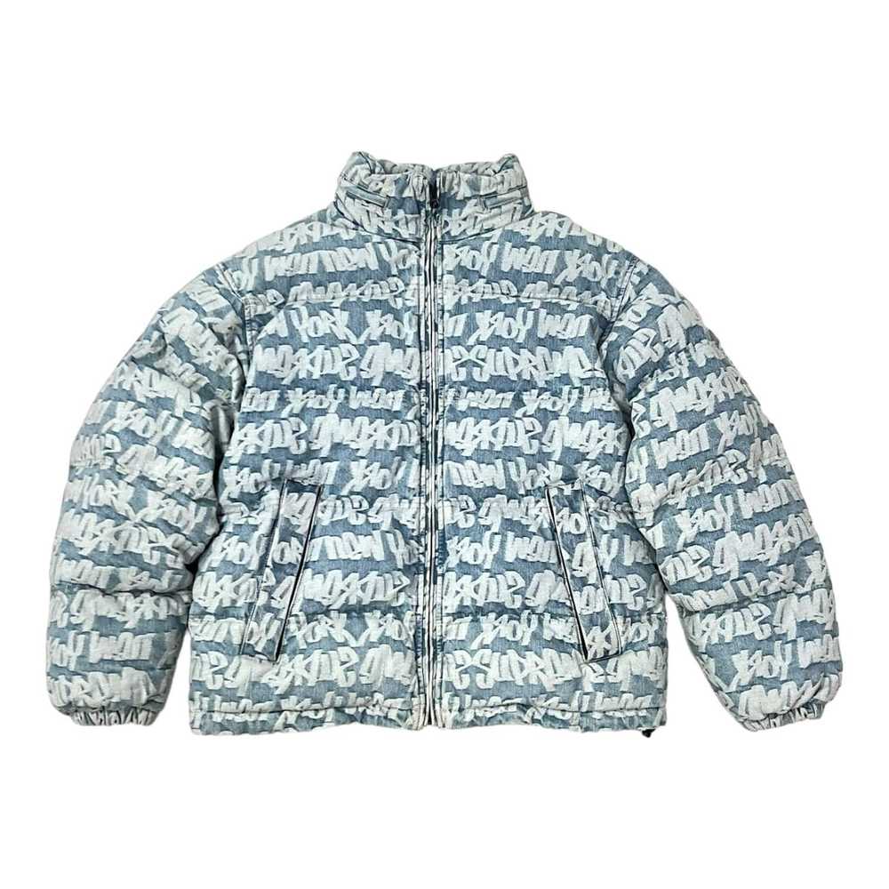 Supreme Fat Tip Jacquard Denim Puffer Jacket Blue - image 1