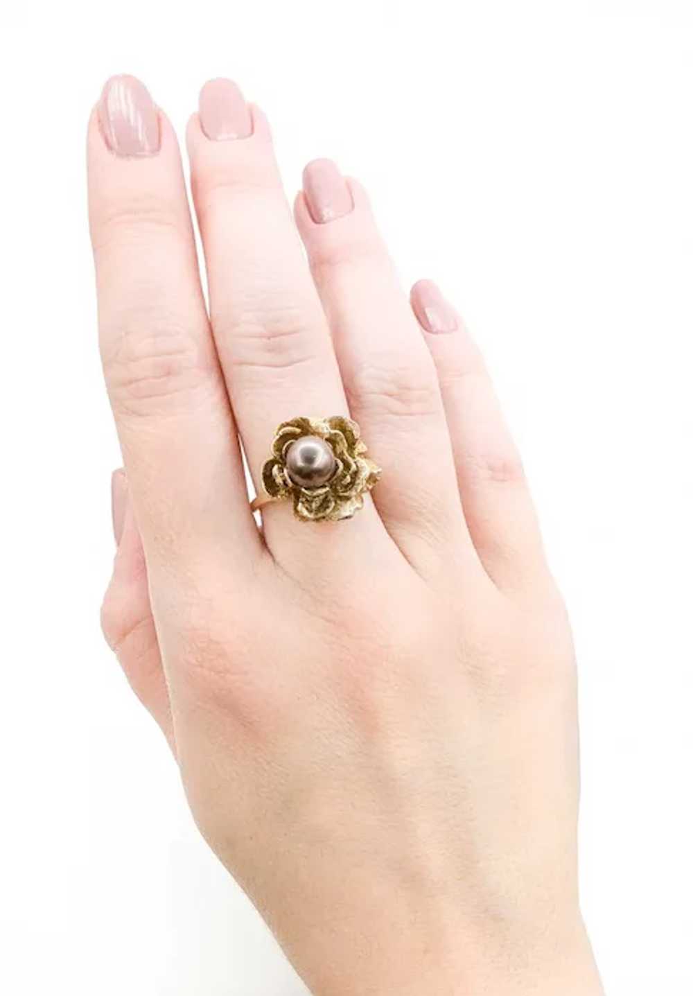 Lovely Vintage Chocolate Pearl Flower Ring in tex… - image 12