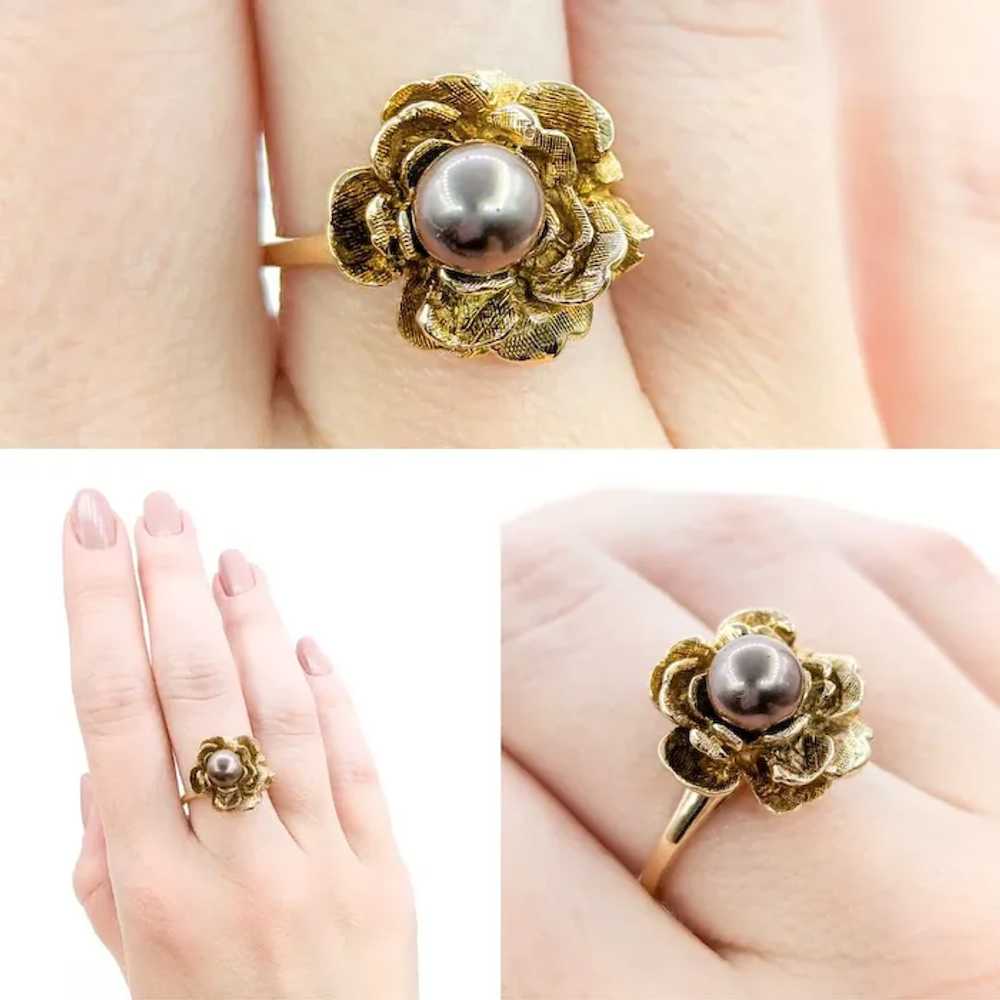 Lovely Vintage Chocolate Pearl Flower Ring in tex… - image 2