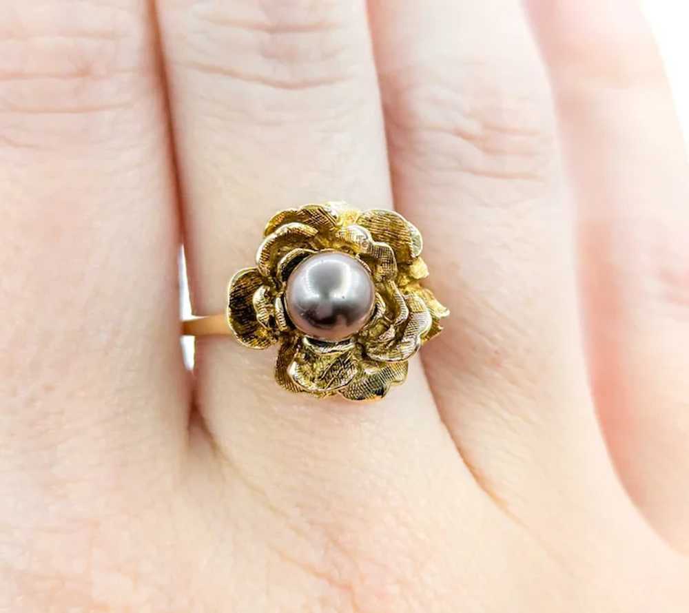 Lovely Vintage Chocolate Pearl Flower Ring in tex… - image 7