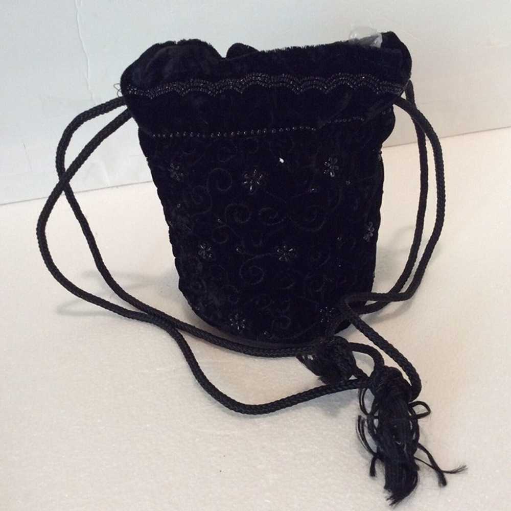 Vintage Black Valvet Handmade Beaded Drawsting Sm… - image 1