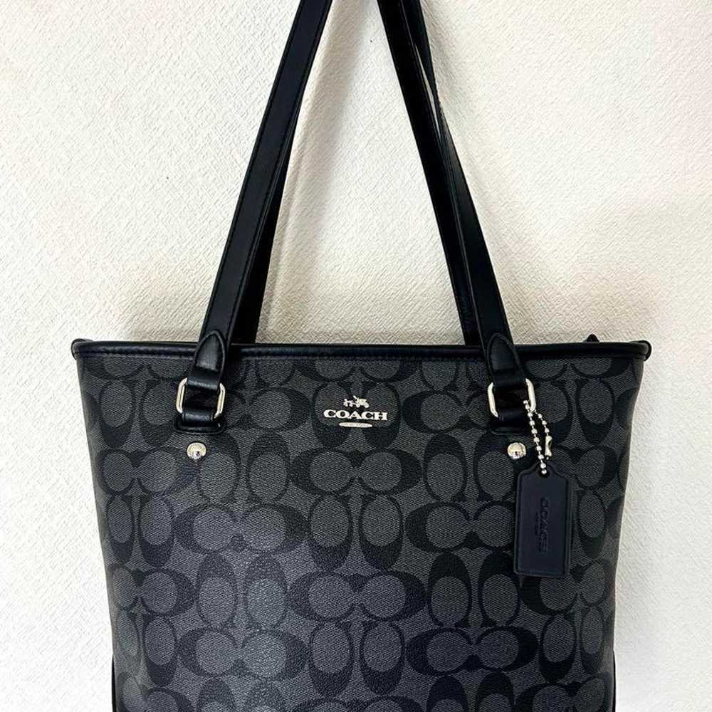 Unused! Coach Signature Tote Bag Leather Gray×Bla… - image 4