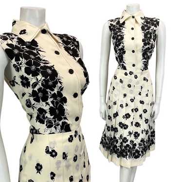 VTG 60S 70S OFF WHITE BLACK FLORAL PATTERNED BOHO… - image 1