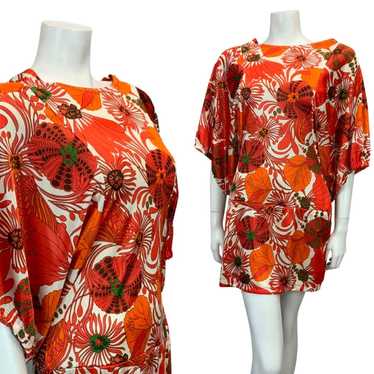 VTG 60s 70s WHITE RED ORANGE GREEN FLORAL PSYCHED… - image 1