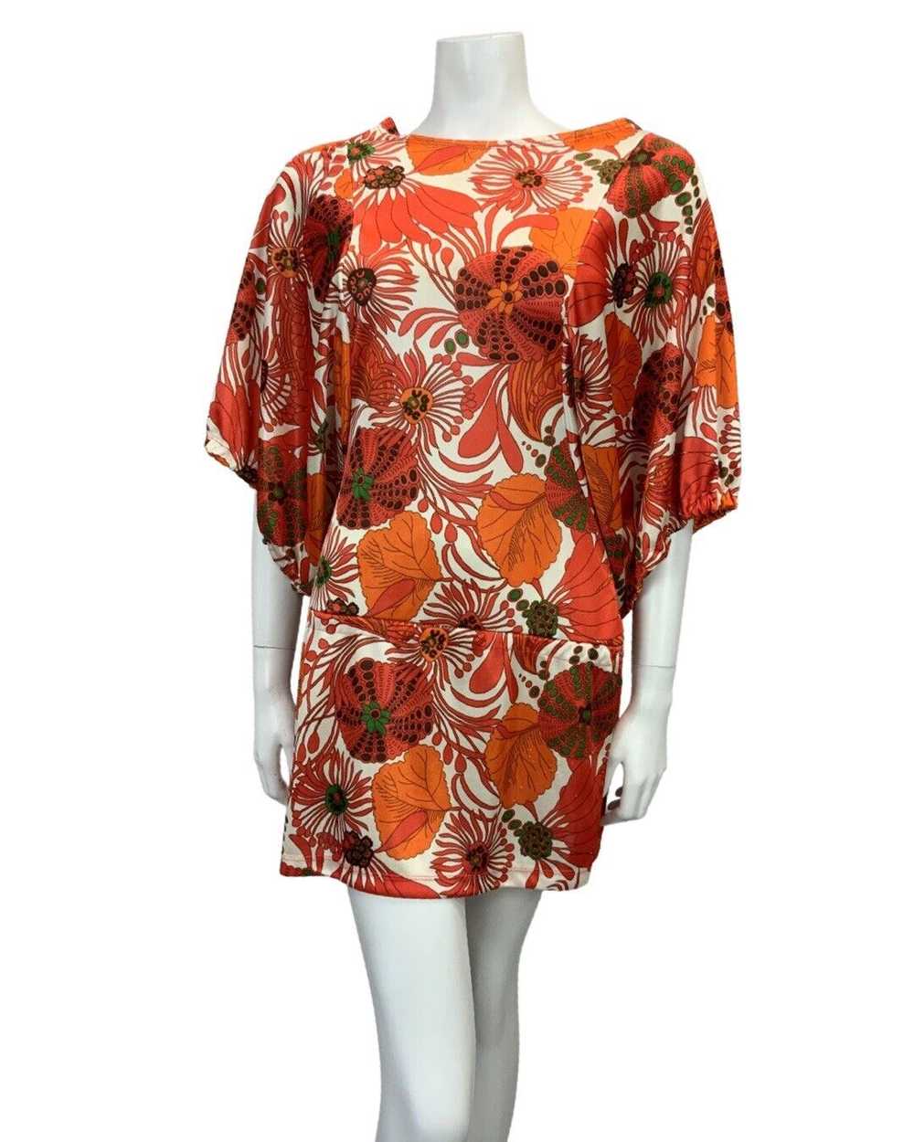 VTG 60s 70s WHITE RED ORANGE GREEN FLORAL PSYCHED… - image 2