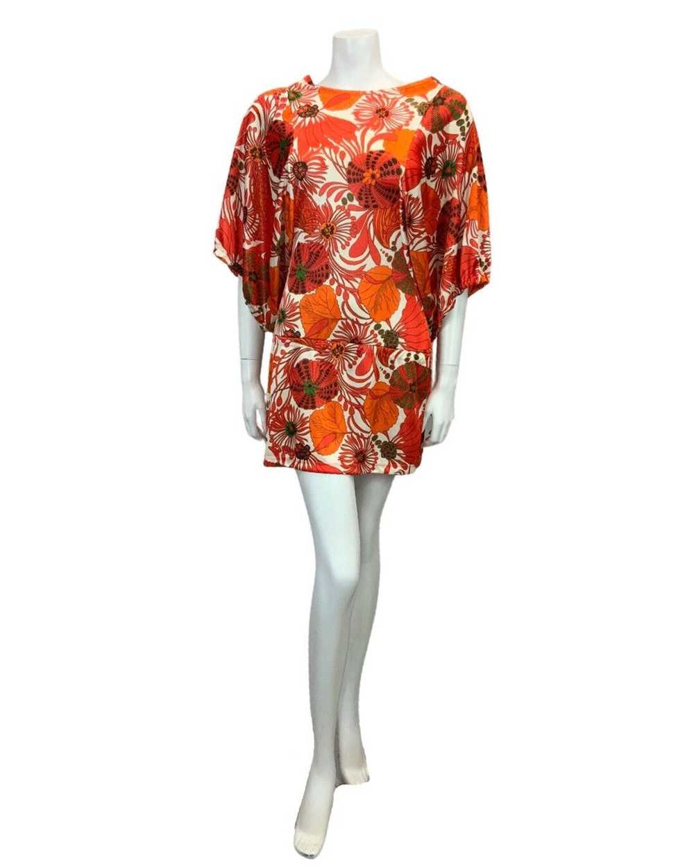 VTG 60s 70s WHITE RED ORANGE GREEN FLORAL PSYCHED… - image 3