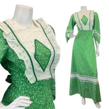 VINTAGE 60s 70s APPLE GREEN WHITE FLORAL DITSY LA… - image 1