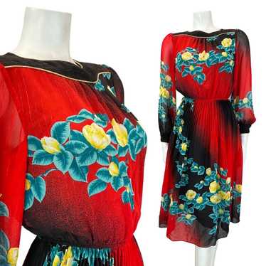 VINTAGE 60s 70s RED BLACK FLORAL SHEER BOHO BLOUS… - image 1