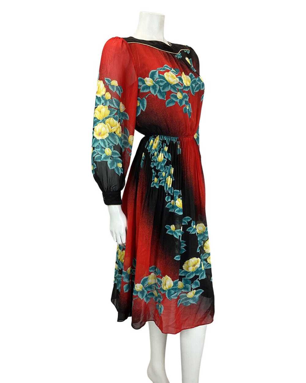 VINTAGE 60s 70s RED BLACK FLORAL SHEER BOHO BLOUS… - image 5