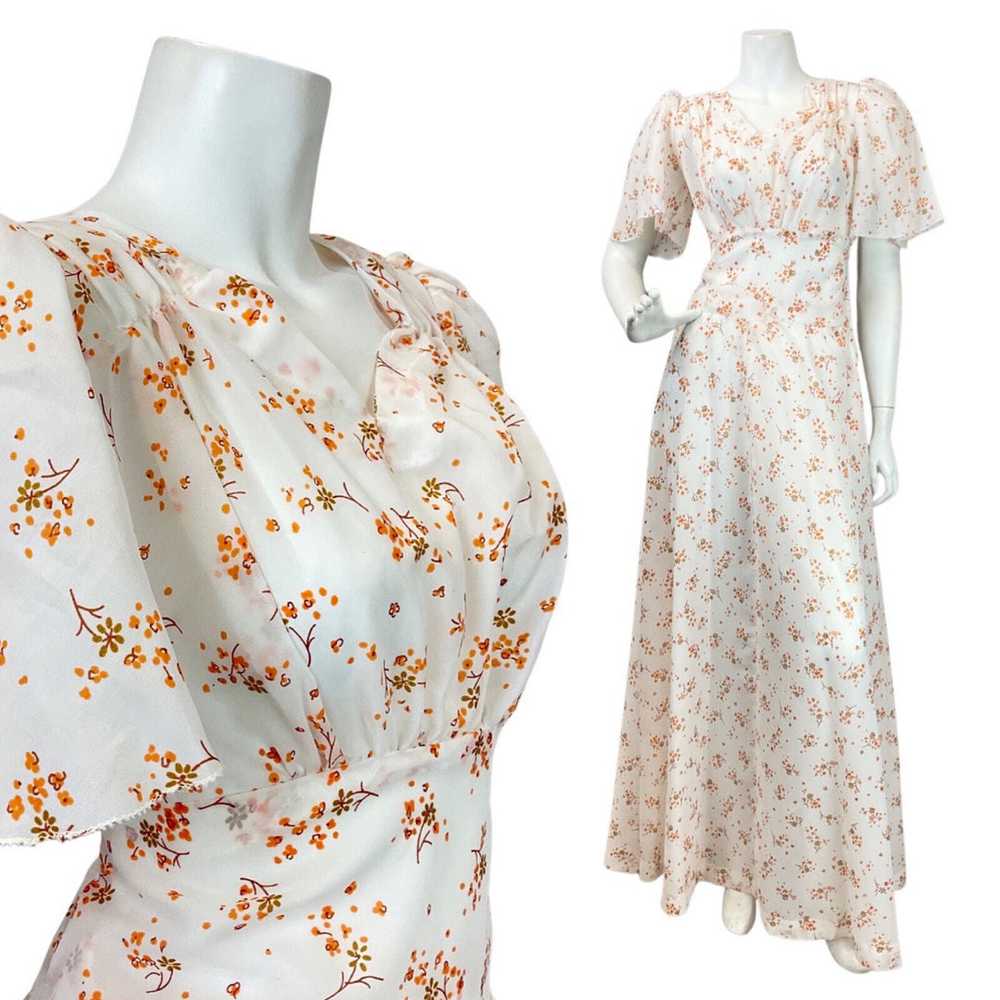 VINTAGE 60s 70s WHITE ORANGE BROWN FLORAL DITSY P… - image 1