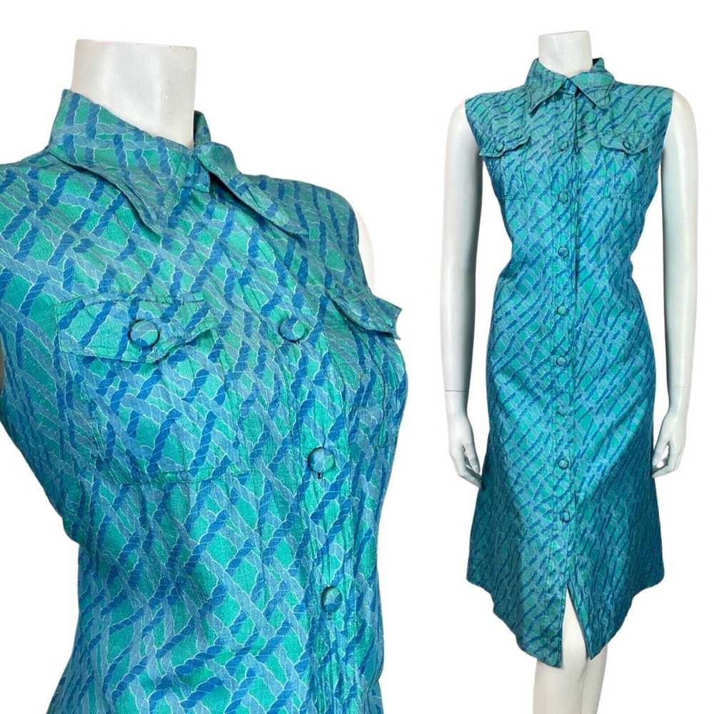 VINTAGE 60s 70s BLUE GREEN ROPE BRAIDED MOD SILK … - image 1