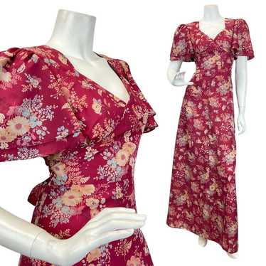 VINTAGE 60s 70s WINE RED CREAM BLUE FLORAL BOUQUE… - image 1