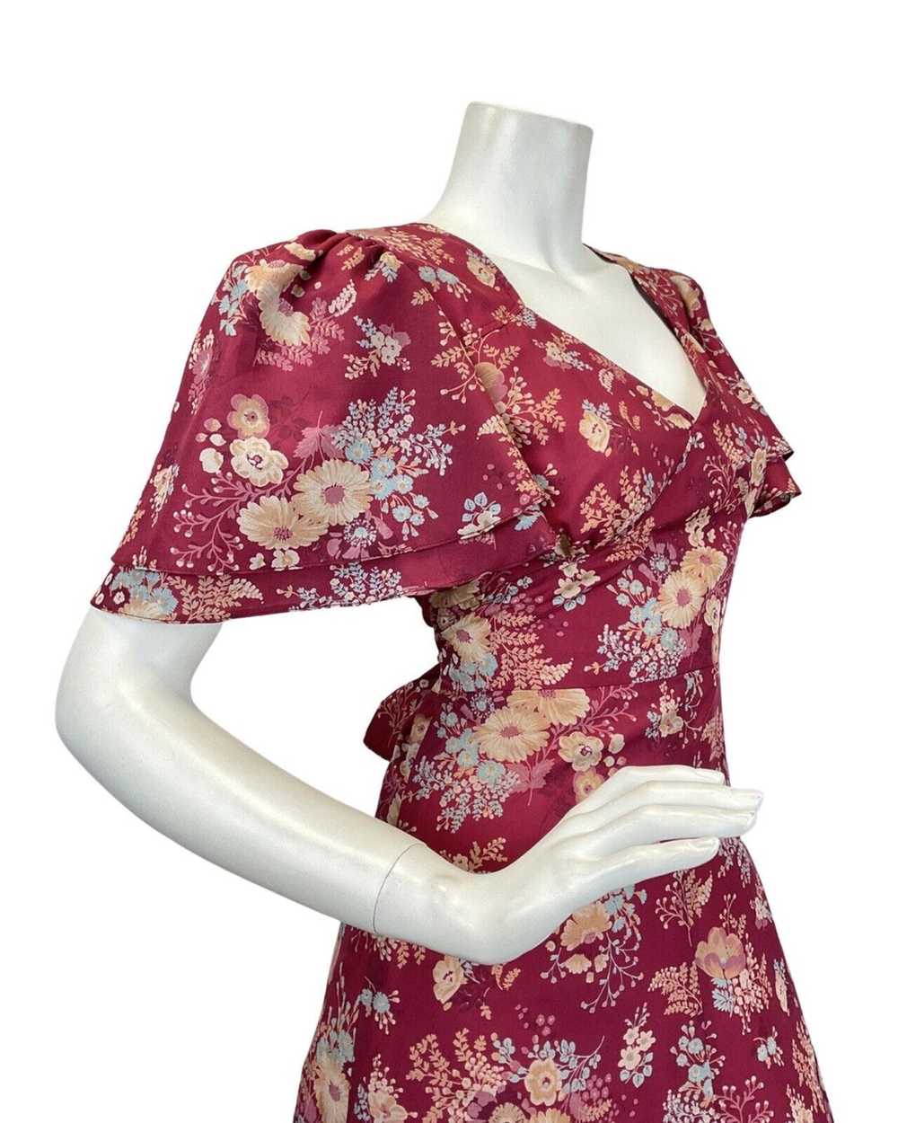 VINTAGE 60s 70s WINE RED CREAM BLUE FLORAL BOUQUE… - image 4