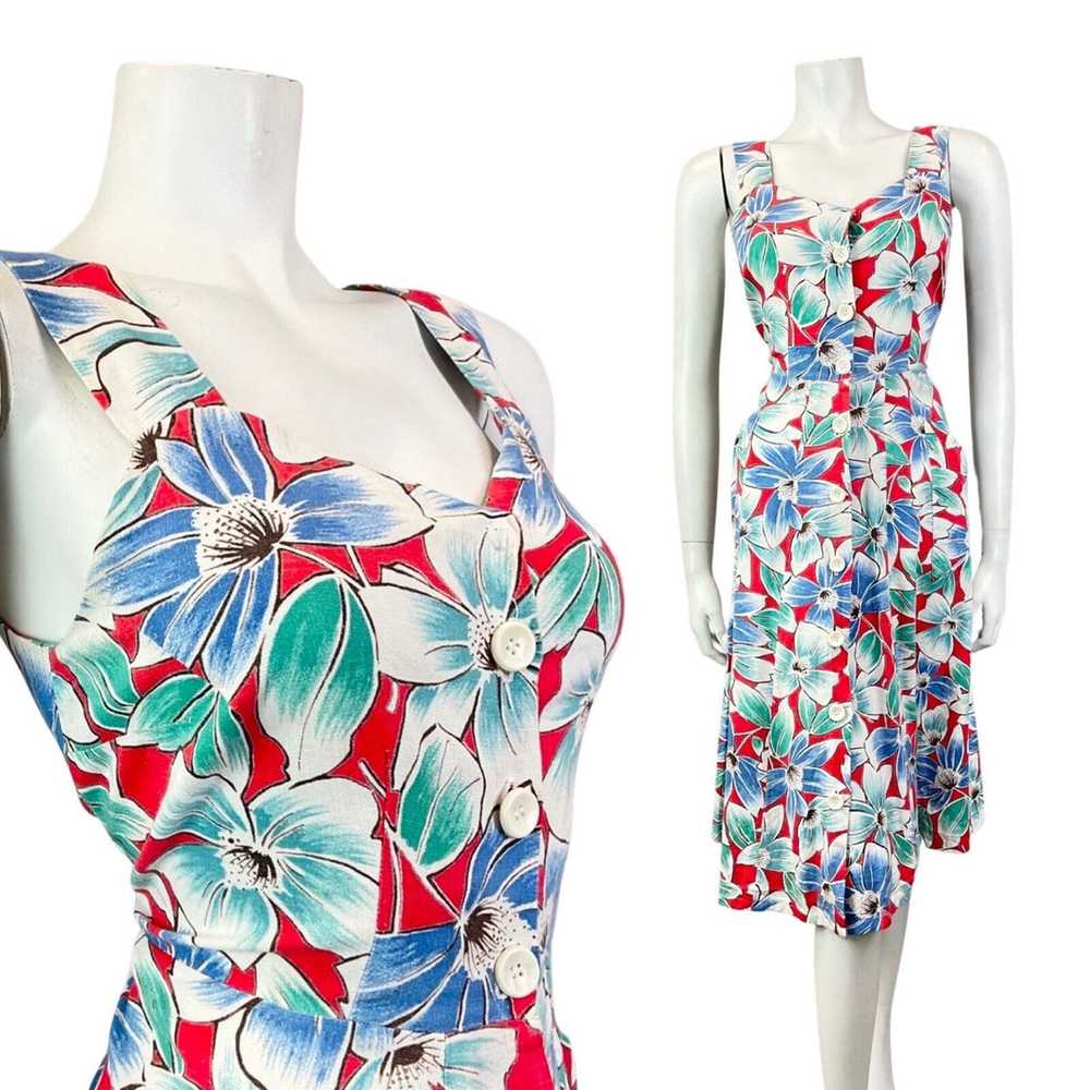 VINTAGE 70s 80s BLUE RED GREEN FLORAL SUMMER SWIN… - image 1