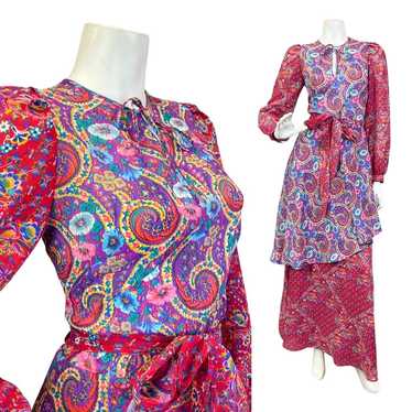 VINTAGE 70s PURPLE RED BLUE PSYCHEDELIC FLORAL PA… - image 1