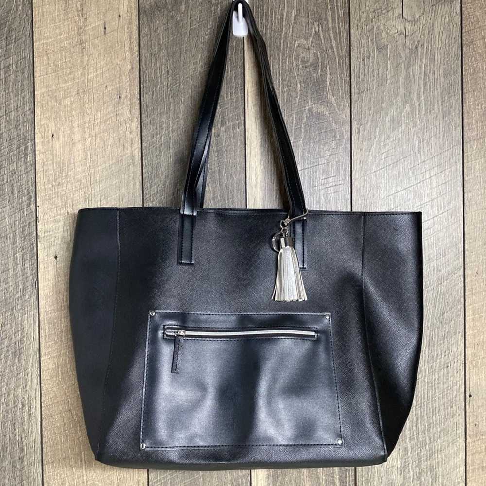 Brand Black Textured Faux Leather Tote - image 1