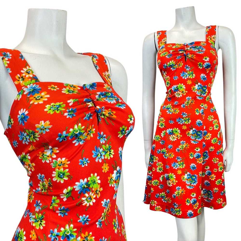 VINTAGE 60s 70s RED BLUE GREEN FLORAL APRON SUMME… - image 1