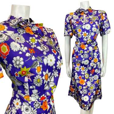 VINTAGE 60s 70s PURPLE WHITE ORANGE FLORAL DAISY … - image 1