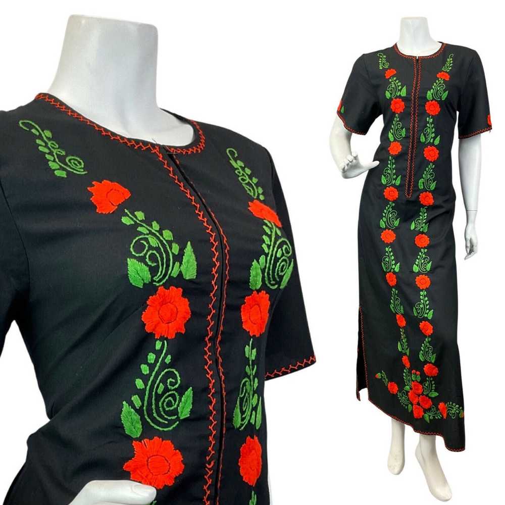 VINTAGE 60s 70s BLACK ORANGE GREEN FLORAL EMBROID… - image 1