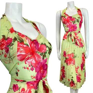 VINTAGE 60s 70s GREEN RED PINK FLORAL SHEER PLEAT… - image 1