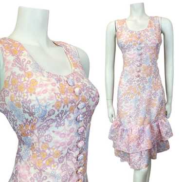 VTG 60s 70s PURPLE WHITE ORANGE FLORAL RUFFLED BE… - image 1