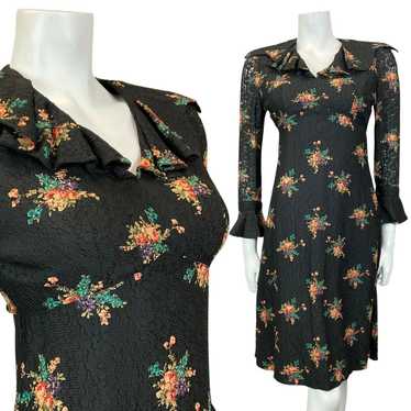 VINTAGE 60s 70s BLACK GREEN LILAC BOUQUET FLORAL … - image 1