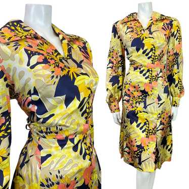 VINTAGE 60s 70s YELLOW BLUE BEIGE PSYCHEDELIC FLO… - image 1