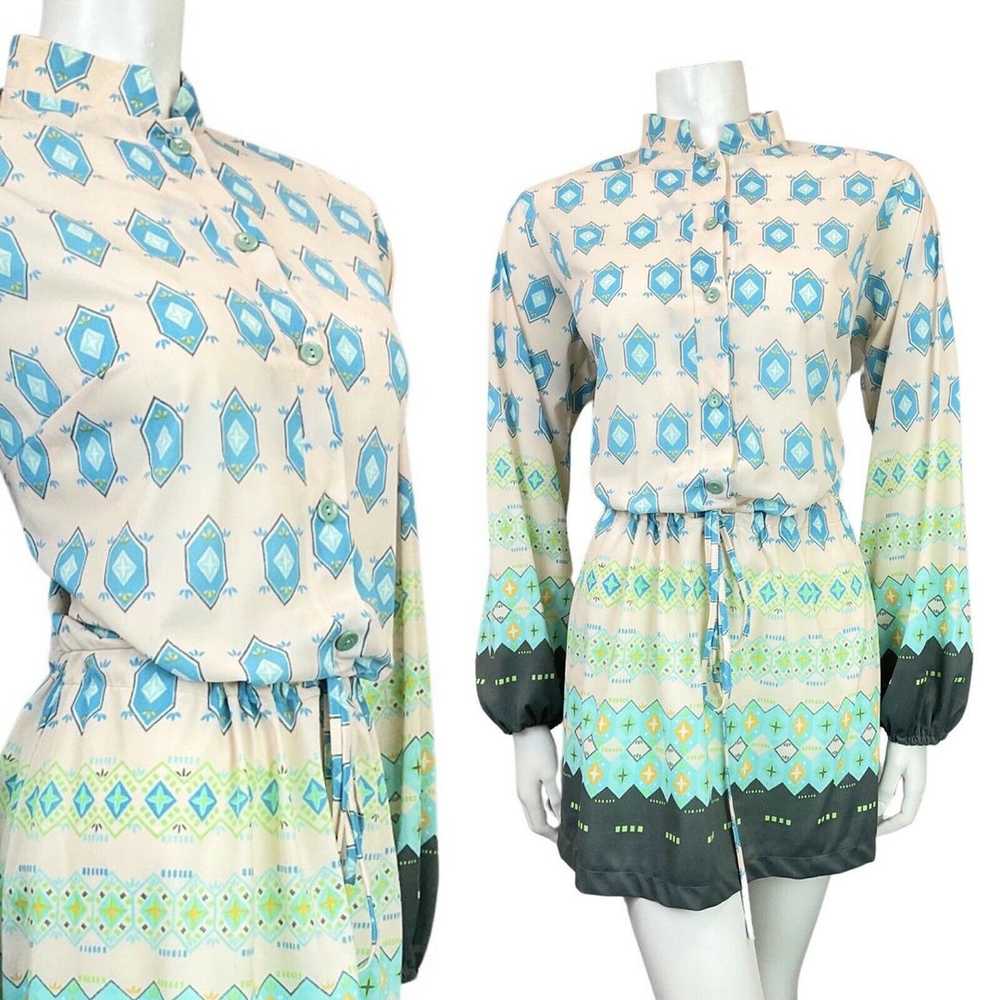 VINTAGE 60s 70s WHITE BLUE GREEN GEOMETRIC BOHO F… - image 1