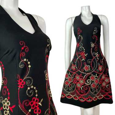 VINTAGE 60s 70s BLACK RED GOLD FLORAL EMBROIDERED… - image 1