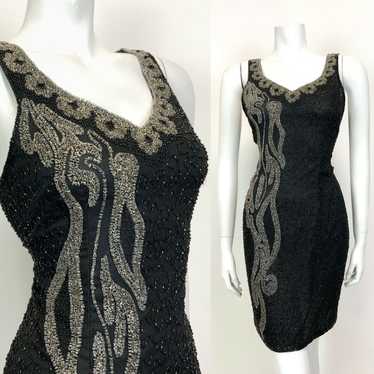 VINTAGE 70s 80s BLACK GREY SILVER BEADED SEQUIN S… - image 1