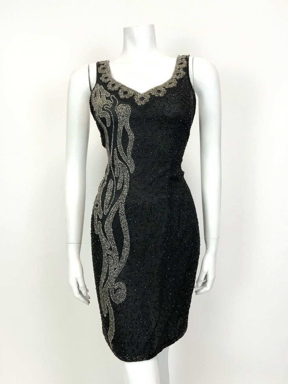 VINTAGE 70s 80s BLACK GREY SILVER BEADED SEQUIN S… - image 2