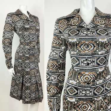 VTG 60s 70s BLACK BROWN WHITE PSYCHEDELIC TILED B… - image 1