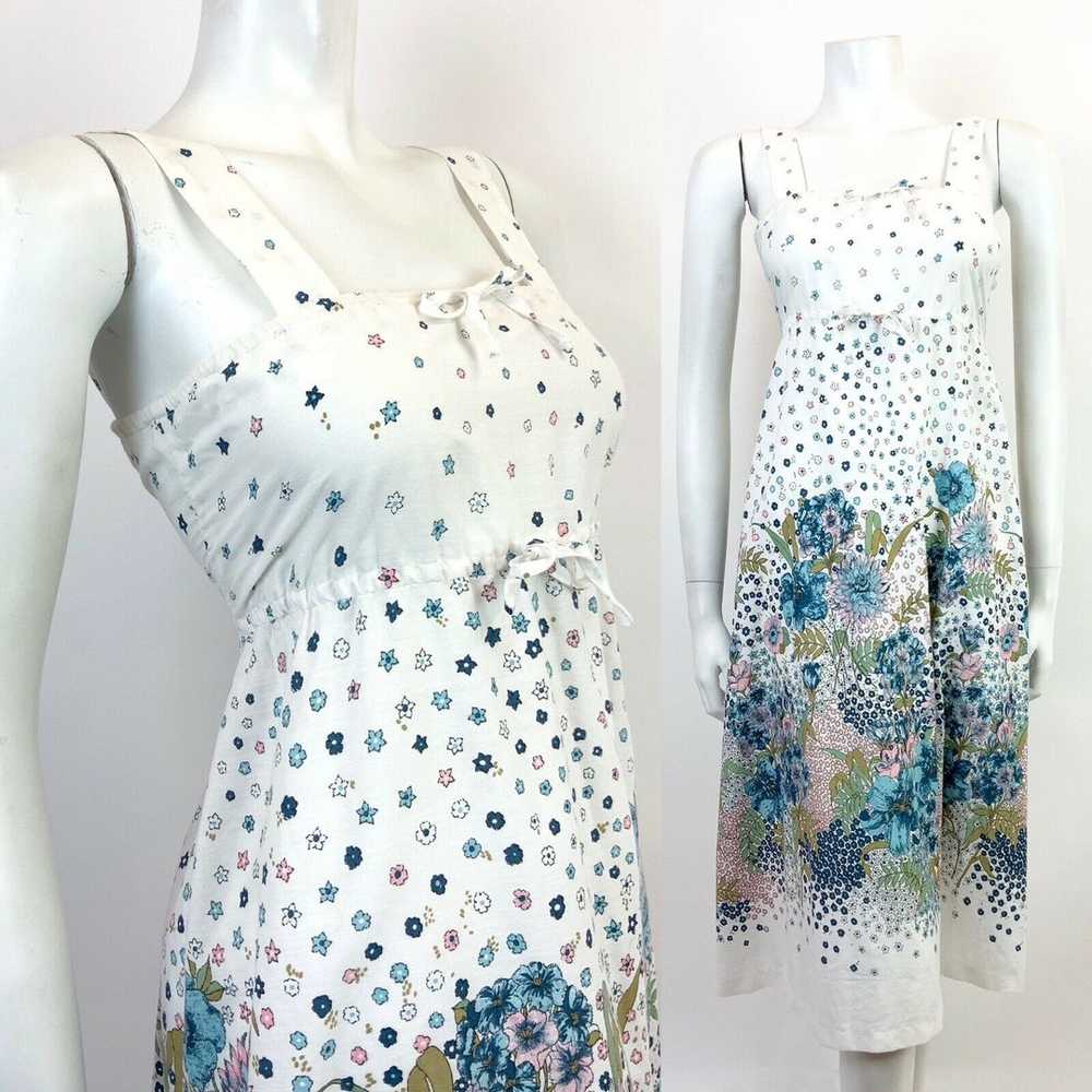 VTG 60s 70s WHITE BLUE PINK GOLD FLORAL DITSY EMP… - image 1