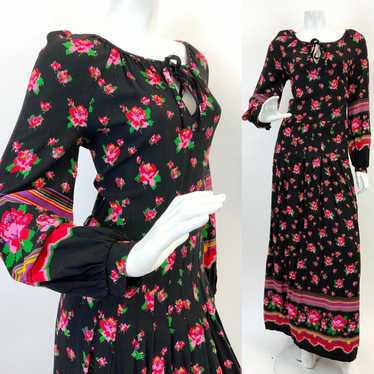 VINTAGE 60s 70s BLACK PINK GREEN RED FLORAL ROSE … - image 1