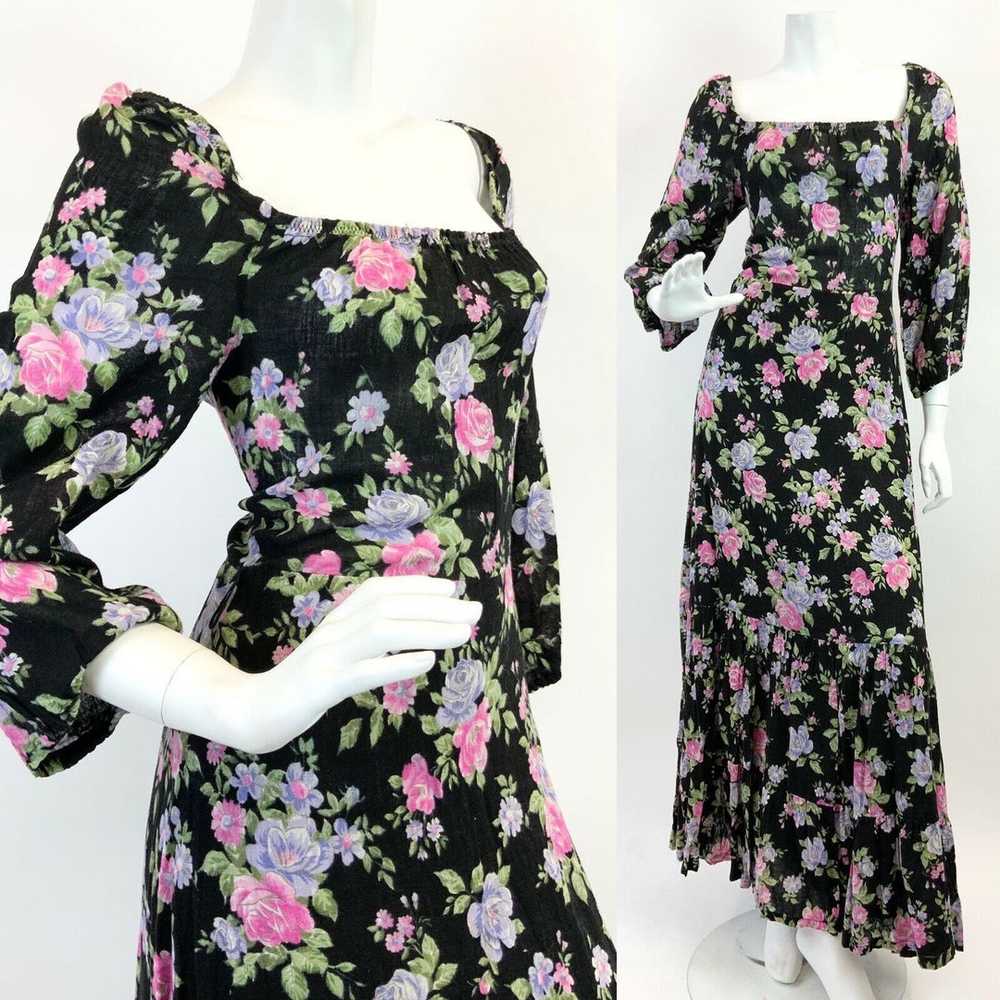 VINTAGE 60s 70s BLACK PINK PURPLE GREEN FLORAL RO… - image 1