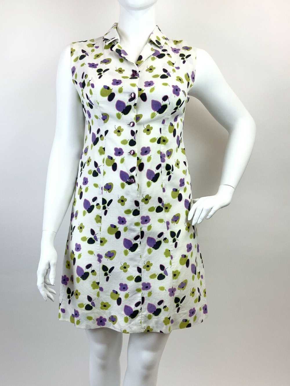 VINTAGE 60s 70s WHITE GREEN PURPLE BLACK FLORAL D… - image 3