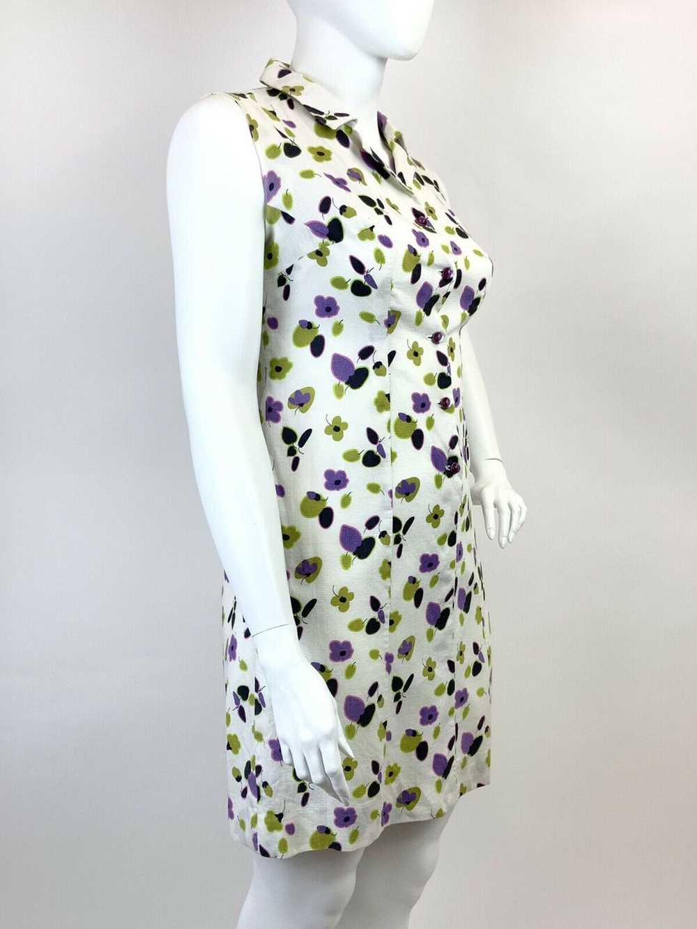 VINTAGE 60s 70s WHITE GREEN PURPLE BLACK FLORAL D… - image 6