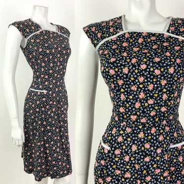 VINTAGE 60s 70s BLACK PINK WHITE DITSY FLORAL PRA… - image 1