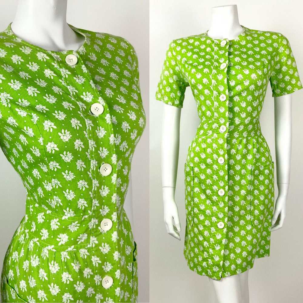 VINTAGE 60s 70s LIME GREEN WHITE FLORAL DOTTY MOD… - image 1