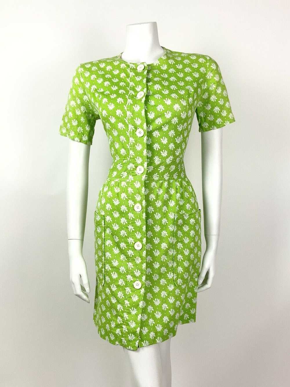 VINTAGE 60s 70s LIME GREEN WHITE FLORAL DOTTY MOD… - image 2