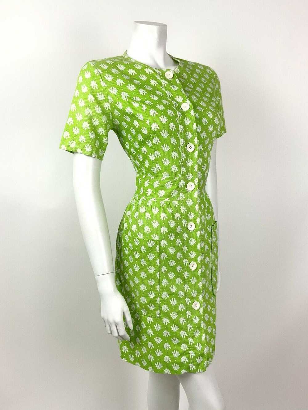 VINTAGE 60s 70s LIME GREEN WHITE FLORAL DOTTY MOD… - image 4