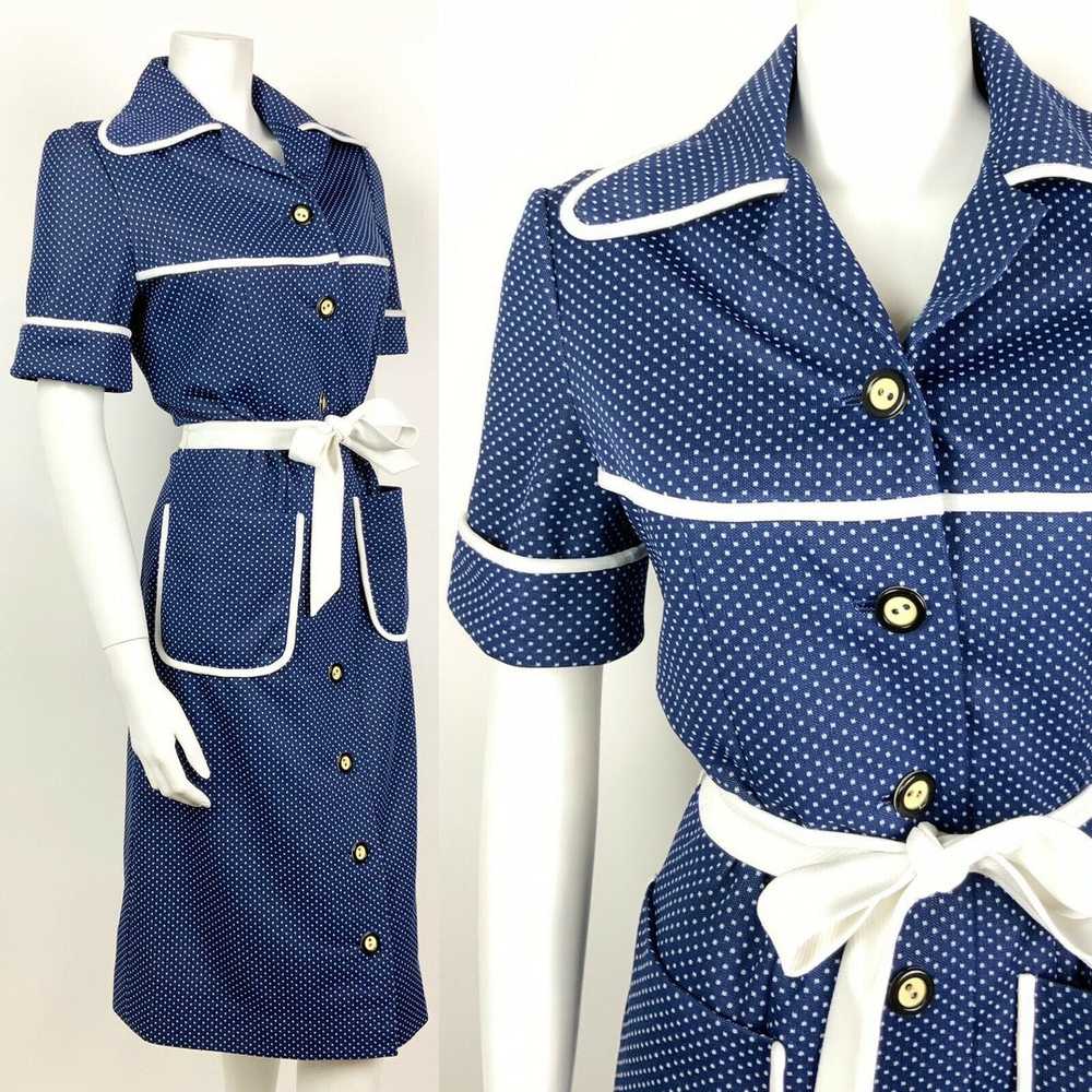 VINTAGE 60s 70s NAVY BLUE WHITE POLKA DOT BELTED … - image 1