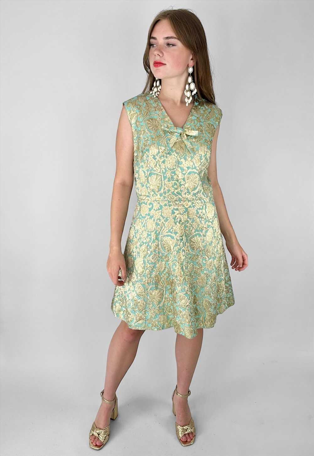 60's Blue Sleeveless Gold Lurex Brocade Vintage M… - image 1