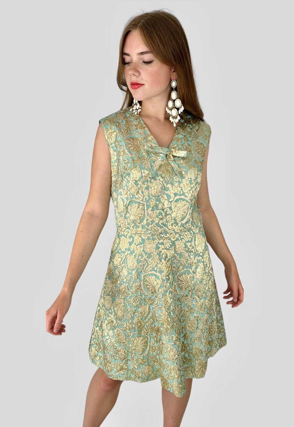 60's Blue Sleeveless Gold Lurex Brocade Vintage M… - image 2