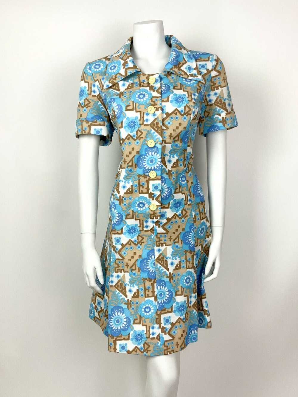 VINTAGE 60s 70s BLUE BEIGE WHITE FLORAL GEOMETRIC… - image 2