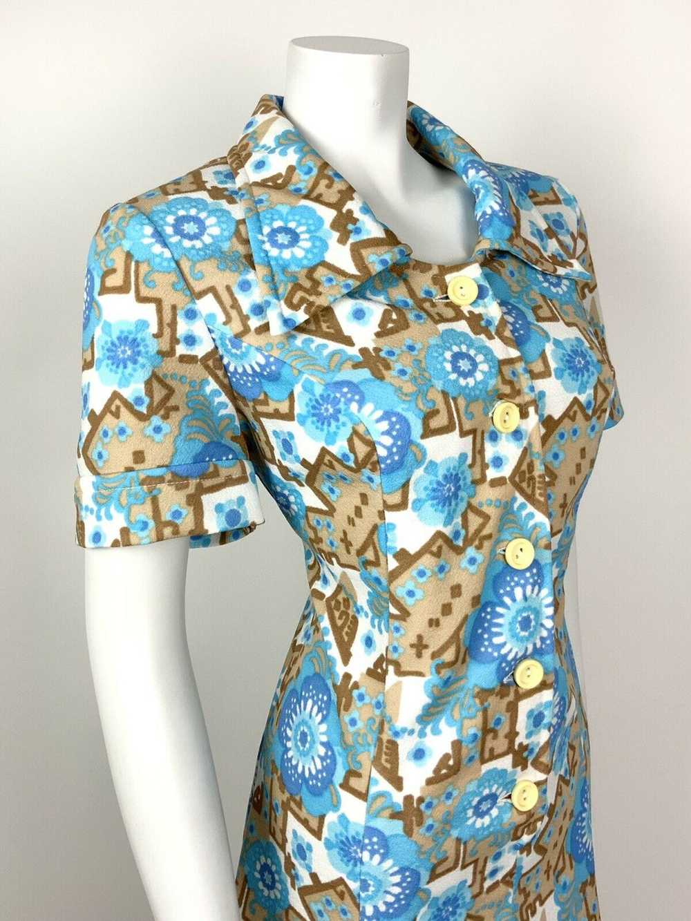 VINTAGE 60s 70s BLUE BEIGE WHITE FLORAL GEOMETRIC… - image 4