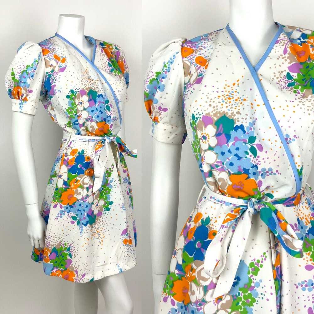 VINTAGE 60s 70s WHITE BLUE ORANGE PURPLE FLORAL W… - image 1